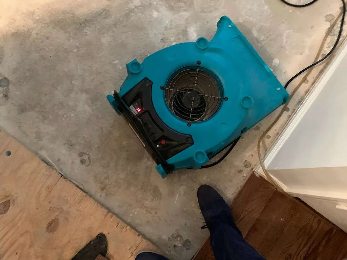 Air mover drying subfloor during Commercial Water Damage Restoration in Grand Junction
